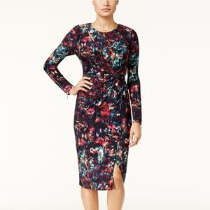 Thalia Sodi Black Colorful Abstract Long Sleeve Knotted Waist Dress Size XL